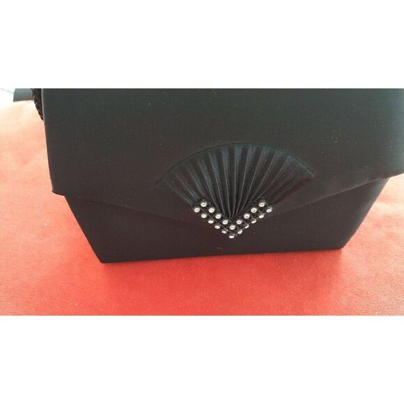 Vintage 90s Black Evening Bag Rhinestone Fan Purse Handbag Deco Prom - Picture 2 of 4